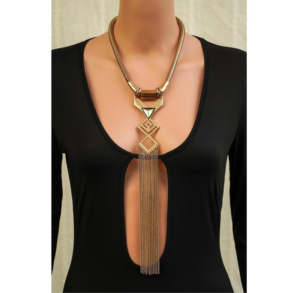 Gold Tone Geometric Fringe Statement Necklace Omega Chain Art Deco Style - Picture 3 of 5